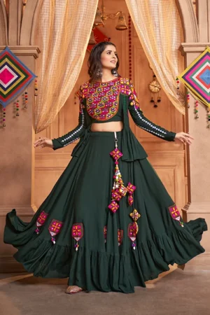 Green Viscose Rayon Embroidered Mirror Work Navratri Festival Chaniya Choli Collection