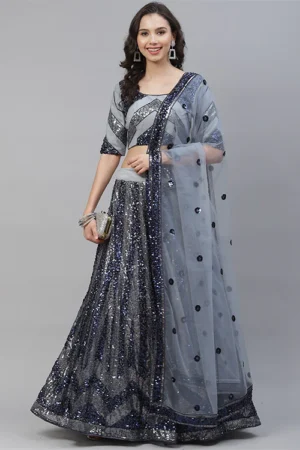 Grey Sequins Embroidered Lehenga Choli Set with Dupatta - Buyon