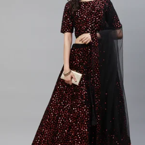 Maroon Velvet Sequins Lehenga Choli - BUYON