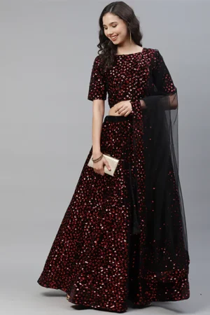 Maroon Velvet Sequins Lehenga Choli - BUYON