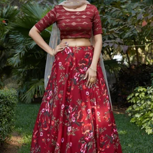 Mystic Maroon: Printed Silk Crepe Party Lehenga Choli