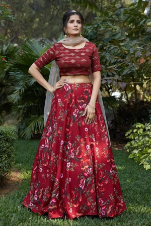 Mystic Maroon: Printed Silk Crepe Party Lehenga Choli