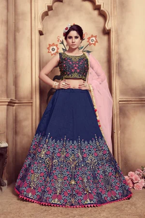 Navy Blue Rubber Foil Lehenga Choli Set - BUYON