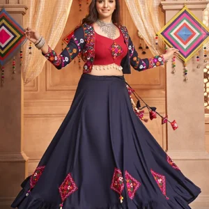 Navy Blue Stylish Embroidered Koti Style Chaniya Choli - BUYON