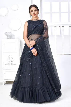 Navy Net Fabric Wedding Guest Lehenga Choli Set - Buyon