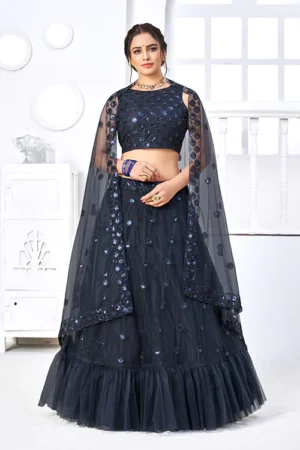 Navy Net Fabric Wedding Guest Lehenga Choli Set - Buyon