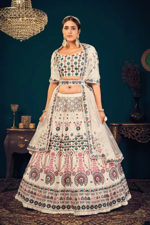 Pearl White Georgette Bridal Lehenga Choli Ensemble - BUYON