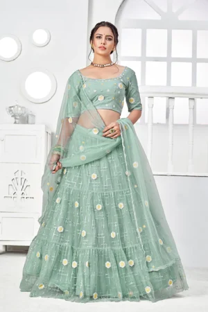 Sparkling Turquoise Green Net Thread Lehenga Set - BUYON