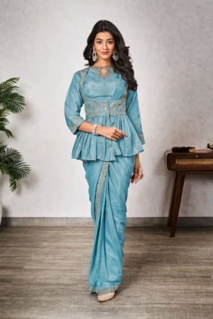 Sky Blue Embroidery And Sequins Work Saree - BUYON