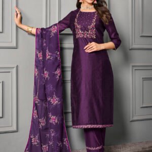 Purple Cotton Silk With Organza Embroidery Salwar Kameez