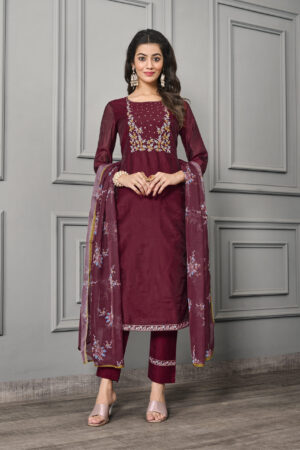 Maroon Cotton Silk With Organza Embroidery Salwar Kameez