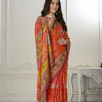 Premium Natural Silk High Definition Jacquard Zari Digital Printed Blouse With Saree - Orange