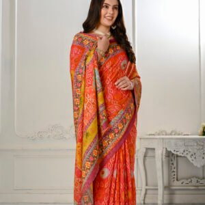 Premium Natural Silk High Definition Jacquard Zari Digital Printed Blouse With Saree - Orange