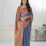 Premium Natural Silk High Definition Jacquard Zari Digital Printed Blouse With Saree - Blue