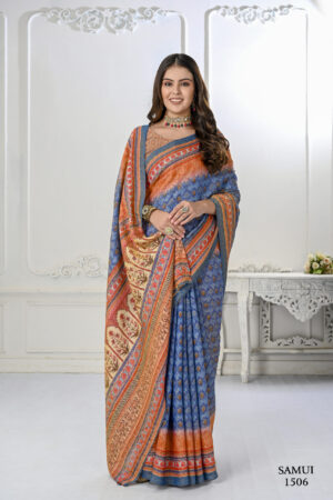 Premium Natural Silk High Definition Jacquard Zari Digital Printed Blouse With Saree - Blue