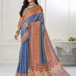 Premium Natural Silk High Definition Jacquard Zari Digital Printed Blouse With Saree - Blue