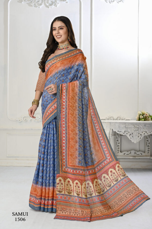 Premium Natural Silk High Definition Jacquard Zari Digital Printed Blouse With Saree - Blue