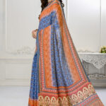 Premium Natural Silk High Definition Jacquard Zari Digital Printed Blouse With Saree - Blue