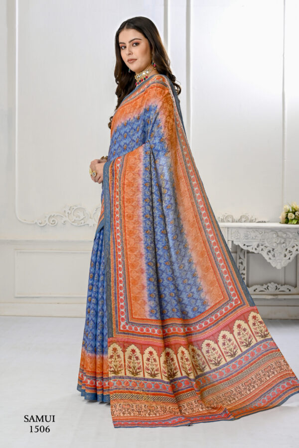 Premium Natural Silk High Definition Jacquard Zari Digital Printed Blouse With Saree - Blue