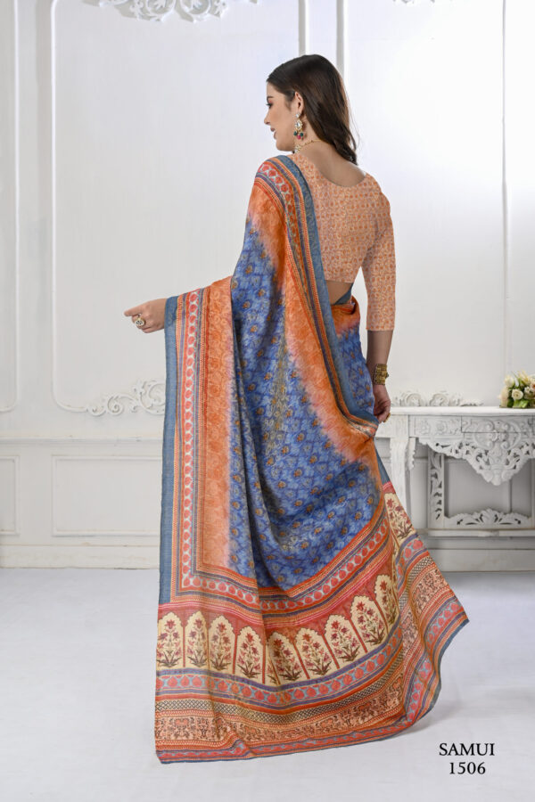 Premium Natural Silk High Definition Jacquard Zari Digital Printed Blouse With Saree - Blue