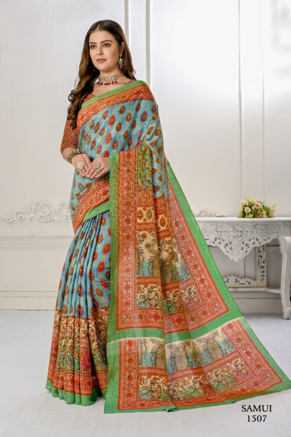 Premium Natural Silk High Definition Jacquard Zari Digital Printed Blouse With Saree - Sky Blue