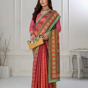 Premium Natural Silk High Definition Jacquard Zari Digital Printed Blouse With Saree - Pink