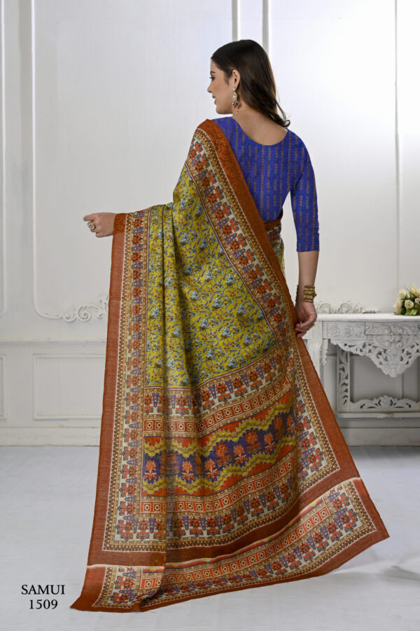 Premium Natural Silk High Definition Jacquard Zari Digital Printed Blouse With Saree - Mustard