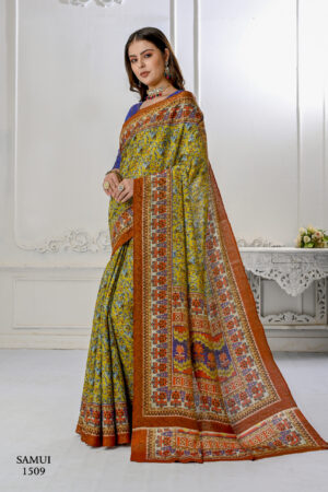 Premium Natural Silk High Definition Jacquard Zari Digital Printed Blouse With Saree - Mustard