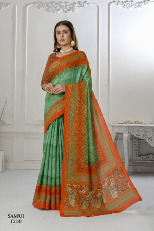 Premium Natural Silk High Definition Jacquard Zari Digital Printed Blouse With Saree - Green