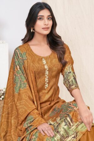 Women Muslin Digital Print Handwork Embroidery Sequence Work Salwar Kameez - Brown