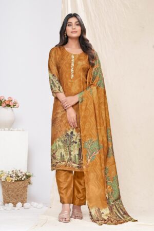 Women Muslin Digital Print Handwork Embroidery Sequence Work Salwar Kameez - Brown