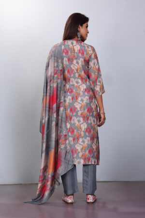 Women Muslin Digital Print Handwork Embroidery Sequence Work Salwar Kameez - Grey