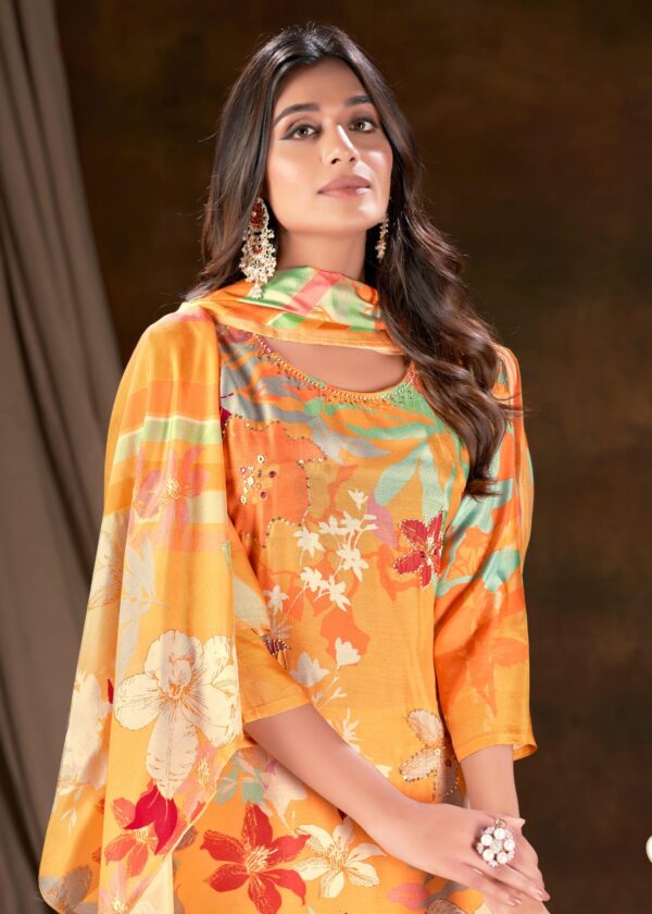 Muslin Digital Print Handwork Embroidery Sequence Work Salwar Kameez - Yellow