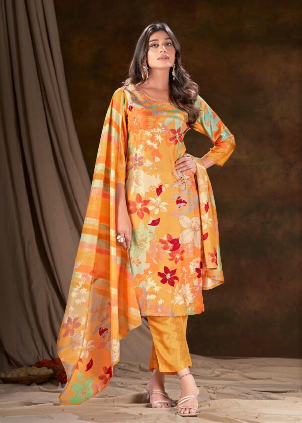 Muslin Digital Print Handwork Embroidery Sequence Work Salwar Kameez - Yellow