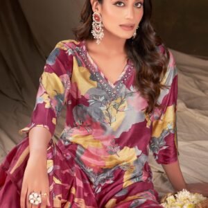 Women Muslin Digital Print Handwork Embroidery Sequence Work Salwar Kameez - Wine