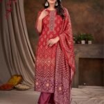 Women Muslin Digital Print Handwork Embroidery Sequence Work Salwar Kameez - Red