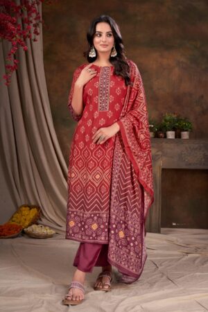 Women Muslin Digital Print Handwork Embroidery Sequence Work Salwar Kameez - Red