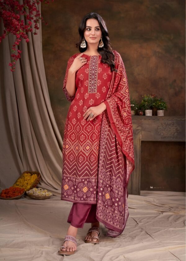 Women Muslin Digital Print Handwork Embroidery Sequence Work Salwar Kameez - Red