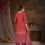 Women Muslin Digital Print Handwork Embroidery Sequence Work Salwar Kameez - Red