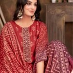 Women Muslin Digital Print Handwork Embroidery Sequence Work Salwar Kameez - Red