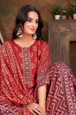 Women Muslin Digital Print Handwork Embroidery Sequence Work Salwar Kameez - Red