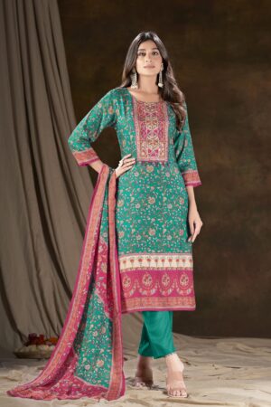 Women Muslin Digital Print Handwork Embroidery Sequence Work Salwar Kameez - Teal