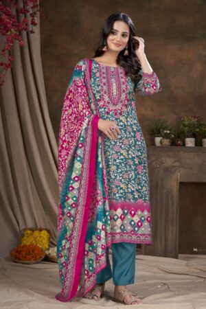 Women Muslin Digital Print Embroidery Sequence With Hand Work Salwar Kameez With Dupatta - Rani