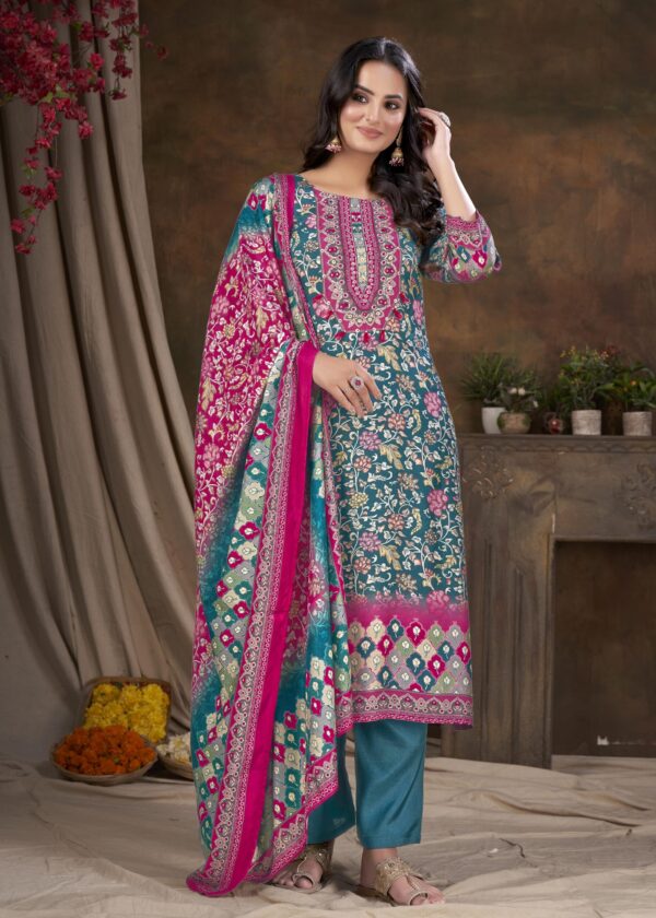 Women Muslin Digital Print Embroidery Sequence With Hand Work Salwar Kameez With Dupatta - Rani