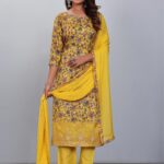 Women Muslin Digital Print Handwork Embroidery Sequence Work Salwar Kameez - Yellow