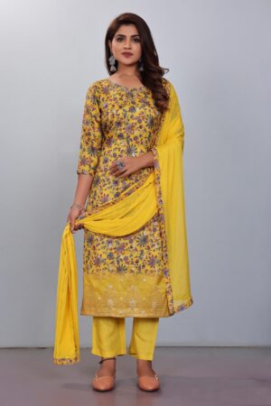 Women Muslin Digital Print Handwork Embroidery Sequence Work Salwar Kameez - Yellow