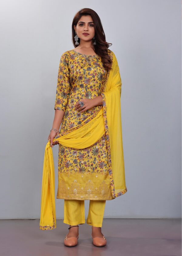 Women Muslin Digital Print Handwork Embroidery Sequence Work Salwar Kameez - Yellow