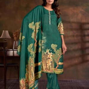 Women Muslin Digital Print Handwork Embroidery Sequence Work Salwar Kameez - Green