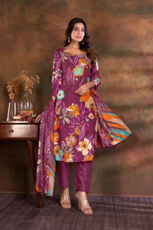 Women Muslin Digital Print Handwork Embroidery Sequence Work Salwar Kameez - Wine