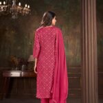 Women Muslin Digital Print Handwork Embroidery Sequence Work Salwar Kameez - Rani